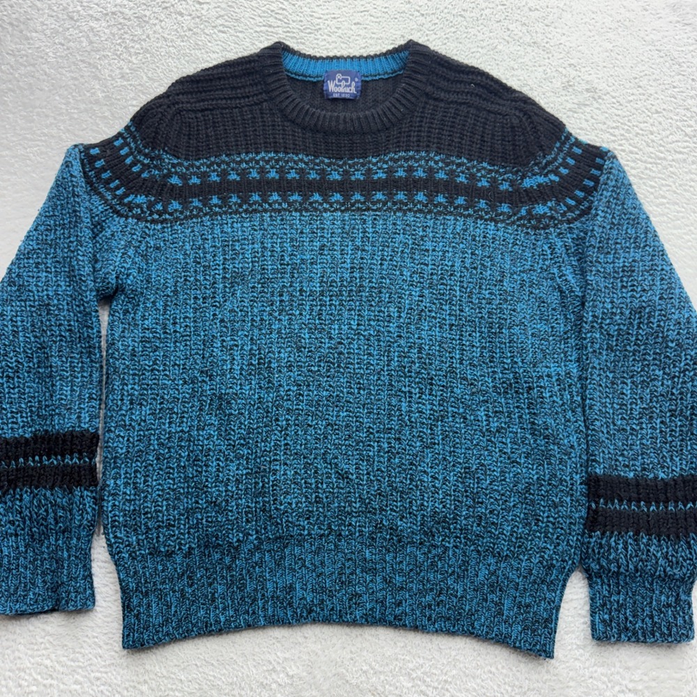 Woolrich Mens Blue Black Fair Isle Chunky Knit Crewneck Sweater Vintage‎ Large